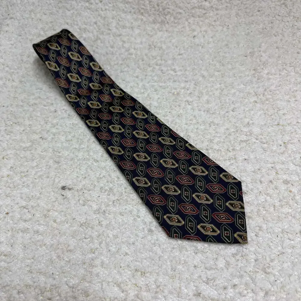 Tommy Hilfiger Men's Blue Gold Green Geometric Pattern Silk Necktie Classic Leng